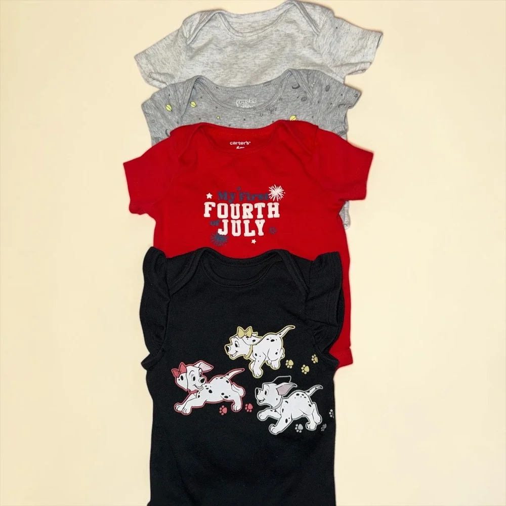 Carter's Disney Baby Bodysuits Lot 4 6M Fourth of July 101 Dalmatians Grey Red